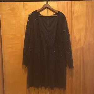 Black Sequin Dress-Deep V Neck-Mesh Sleeves-**Read**-Fairy-Whimsigoth-Formal‎